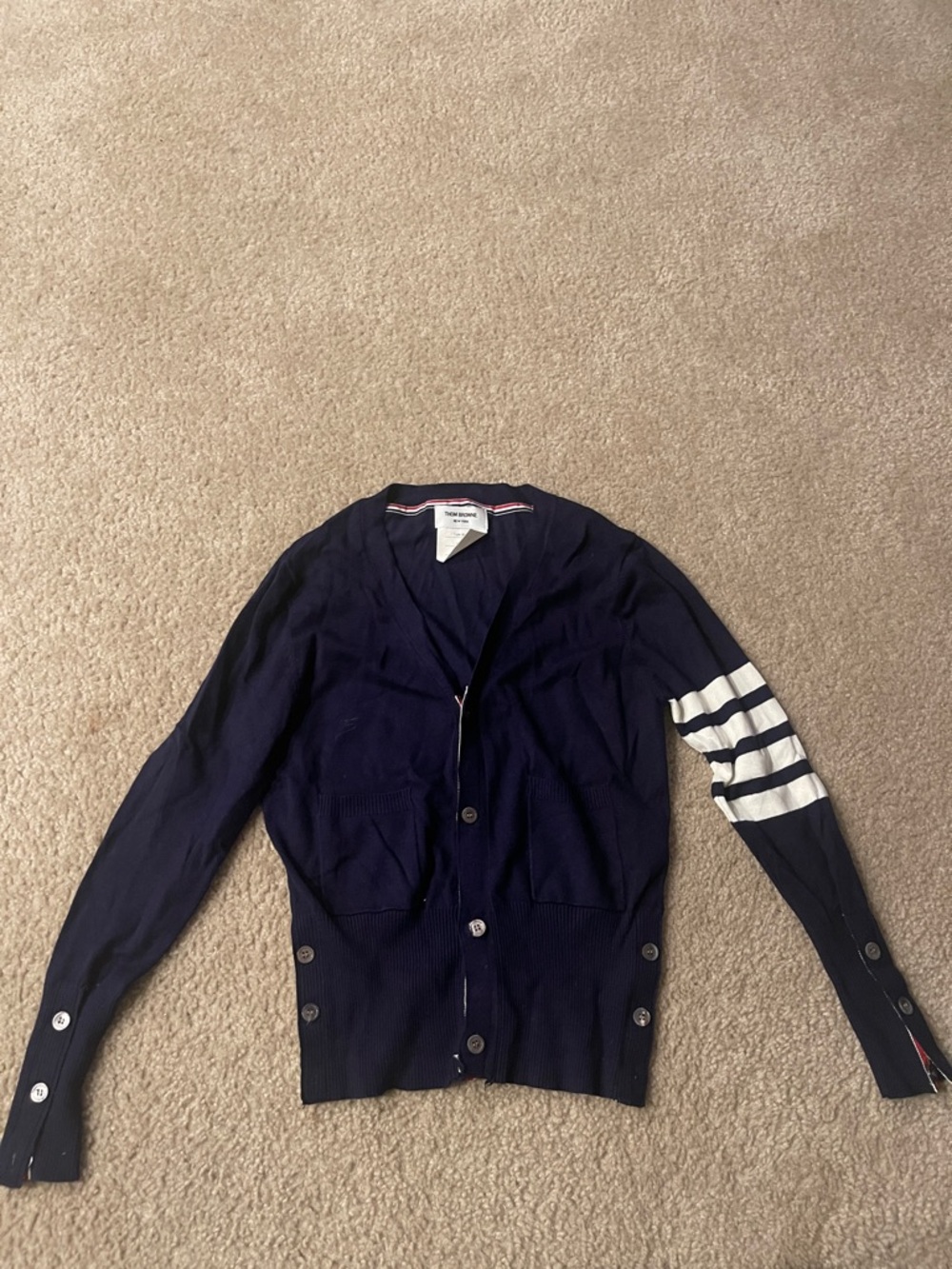Thom Browne Navy Cardigan with White Sleeve Stripes